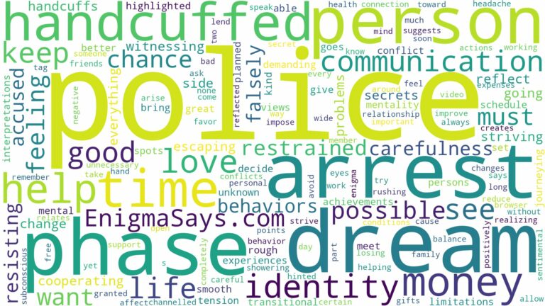 dreaming of being handcuffed by police and related dreams with their meanings in a word cloud