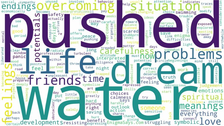 dreaming of being pushed into water and related dreams with their meanings in a word cloud