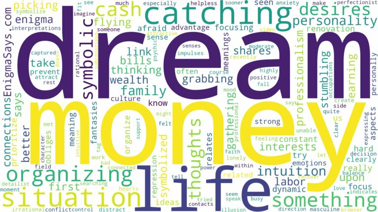 dream of catching money and related dreams with their meanings in a word cloud