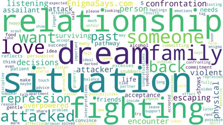 dreaming of being attacked and fighting back and related dreams with their meanings in a word cloud