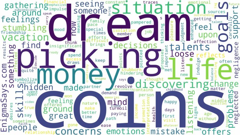 dreaming of picking up coins money and related dreams with their meanings in a word cloud