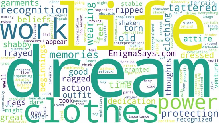 dreaming of wearing tattered clothes and related dreams with their meanings in a word cloud