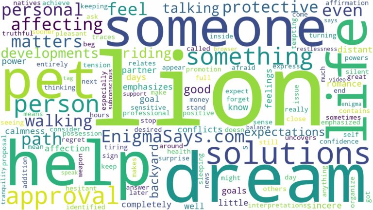 dreaming of having a pet lion and related dreams with their meanings in a word cloud