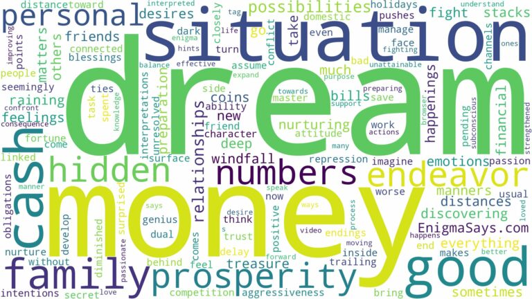 dream about money numbers and related dreams with their meanings in a word cloud
