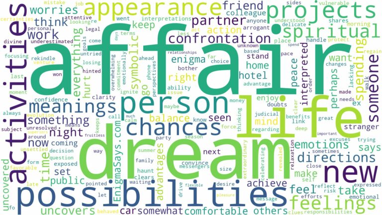 dream about affair and related dreams with their meanings in a word cloud